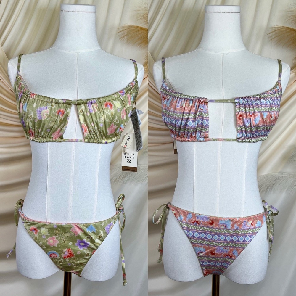 Billabong Feelin Peaceful Reversable Tie Bikini Set Floral Medium/Large NWT‎
